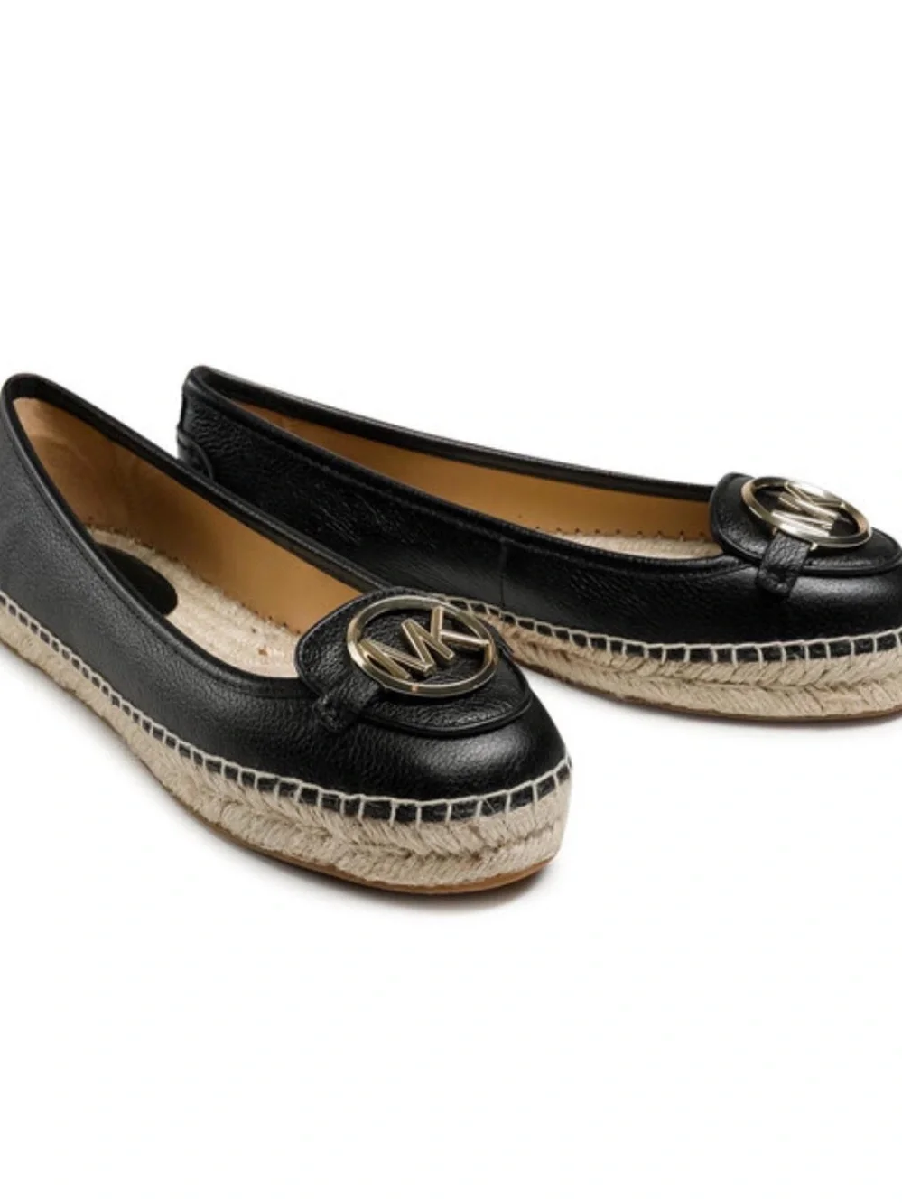 Michael Kors Black Leather MK Medallion Espadrille Flats